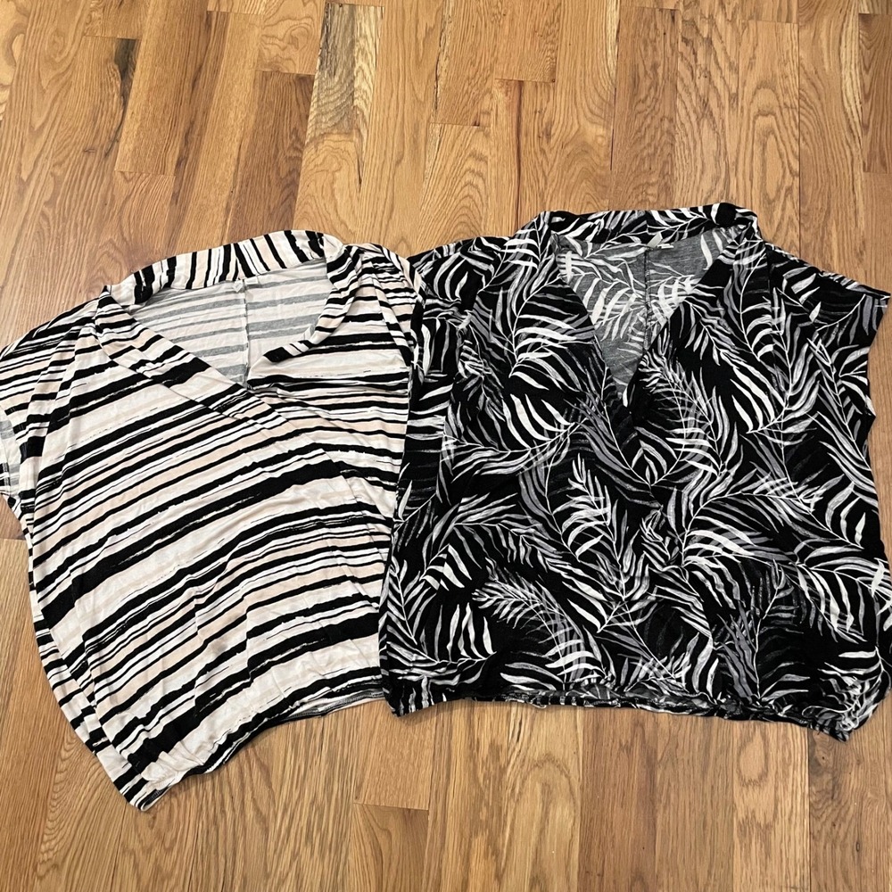Cato Womens Plus‎ 18/20W Surplice Wrap Tops Set of 2 Striped Tropical Palm Print